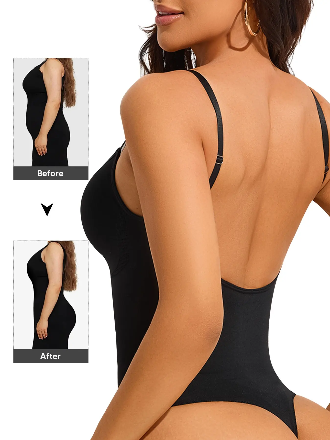 Low Back Shapewear Bodysuit Thong, Adjustable Straps Tummy Control Cami Shapewear Bodysuit