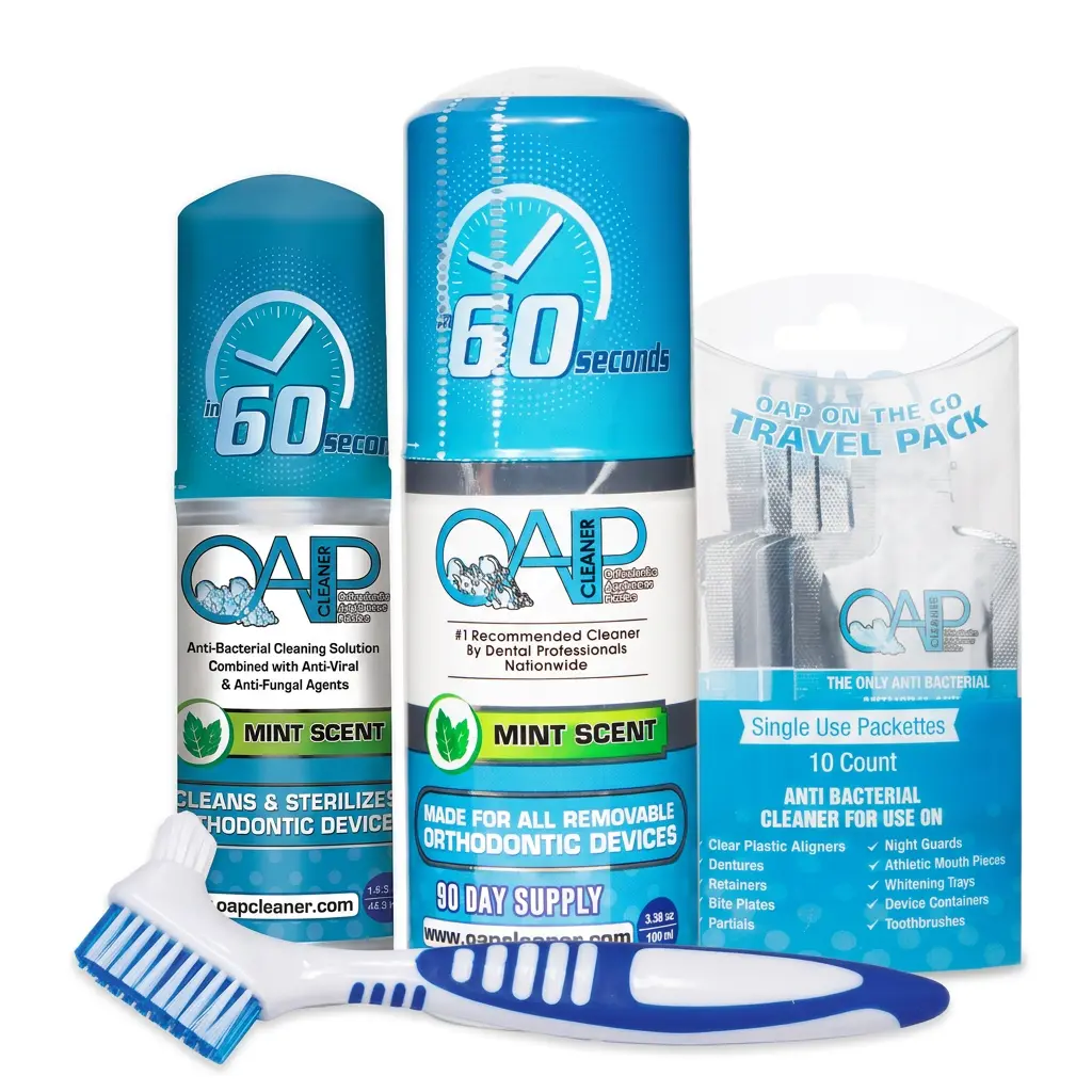 OAP Cleaner Essentials Kit | 100 + 44.3mL Foam with Denture Brush & Free Travel Packs