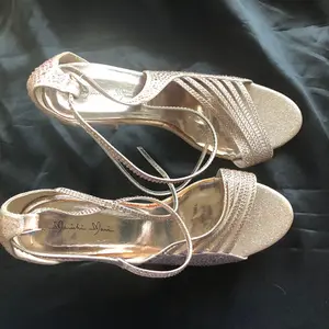 Marichi Mani Rose Gold and Glitter Open Almond Toe Rhinestone Heels with Ankle Strap - Size 10 - Stylish, Footwear Fashion High Heel Elegant