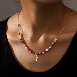 Colorful Beaded Cross Necklace for Women Adjustable Chain Trendy.Religious Jewelry Gift