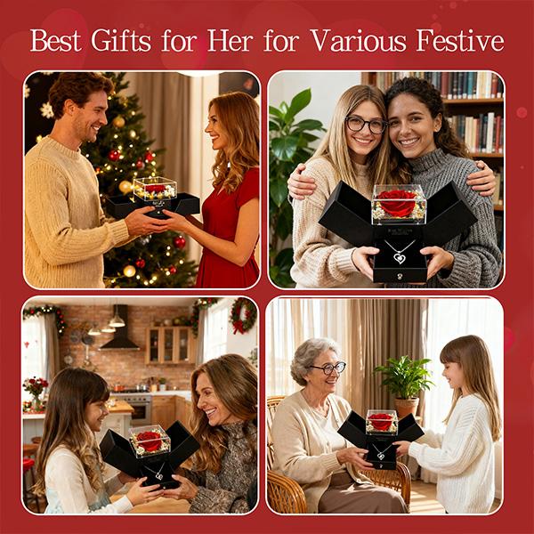 Preserved Red Real Rose with Heart I Love You Necklace, Eternal Flowers Rose Birthday Gifts for Women Her Mom Wife Girlfriend Grandma, Romantic Gifts for Mother's Day, Valentine's Day, Christmas, Birthday Anniversary