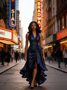Women's Elegant Sleeveless Polyester Satin V-Neck Formal Gown - Body-Fitted Lady's Formal Wear with Asymmetric Hem, Tie Waistband, Luxurious Fabric for Parties, Weddings, Navy Blue