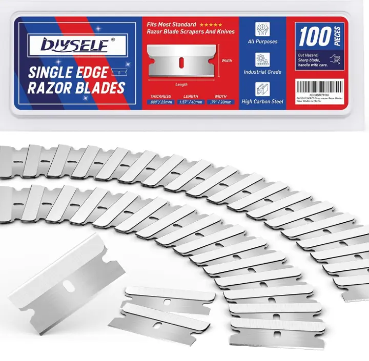 DIYSELF Single Edge Razor Blades, 100 Blades, Razor Blades Refiils for Razor Scraper, Utility Knife, Heavy Duty One Edge Blades, High Carbon Steel Blade for Removing Decals, Stickers