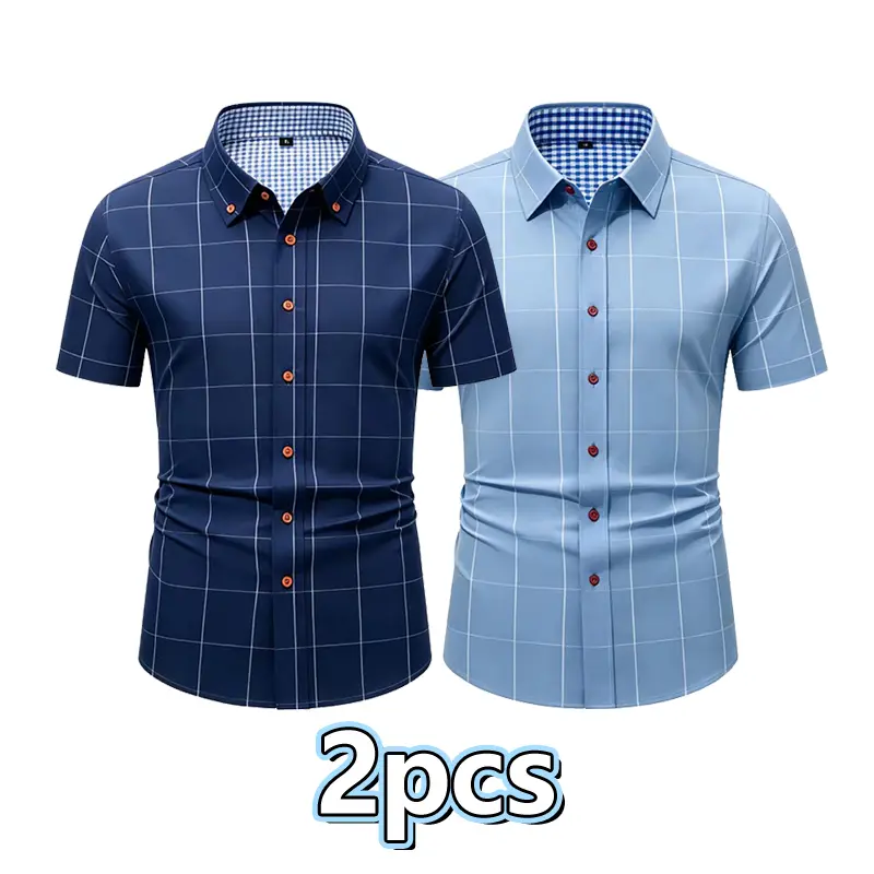 Men's 2-Pack Short-Sleeve Collared Fabric Shirts, Stylish Striped Color-Block Tops, Breathable Polyester-Spandex Blend, Button-Closure Minimalist Design for Everyday Commuting & Semi-Formal Wear