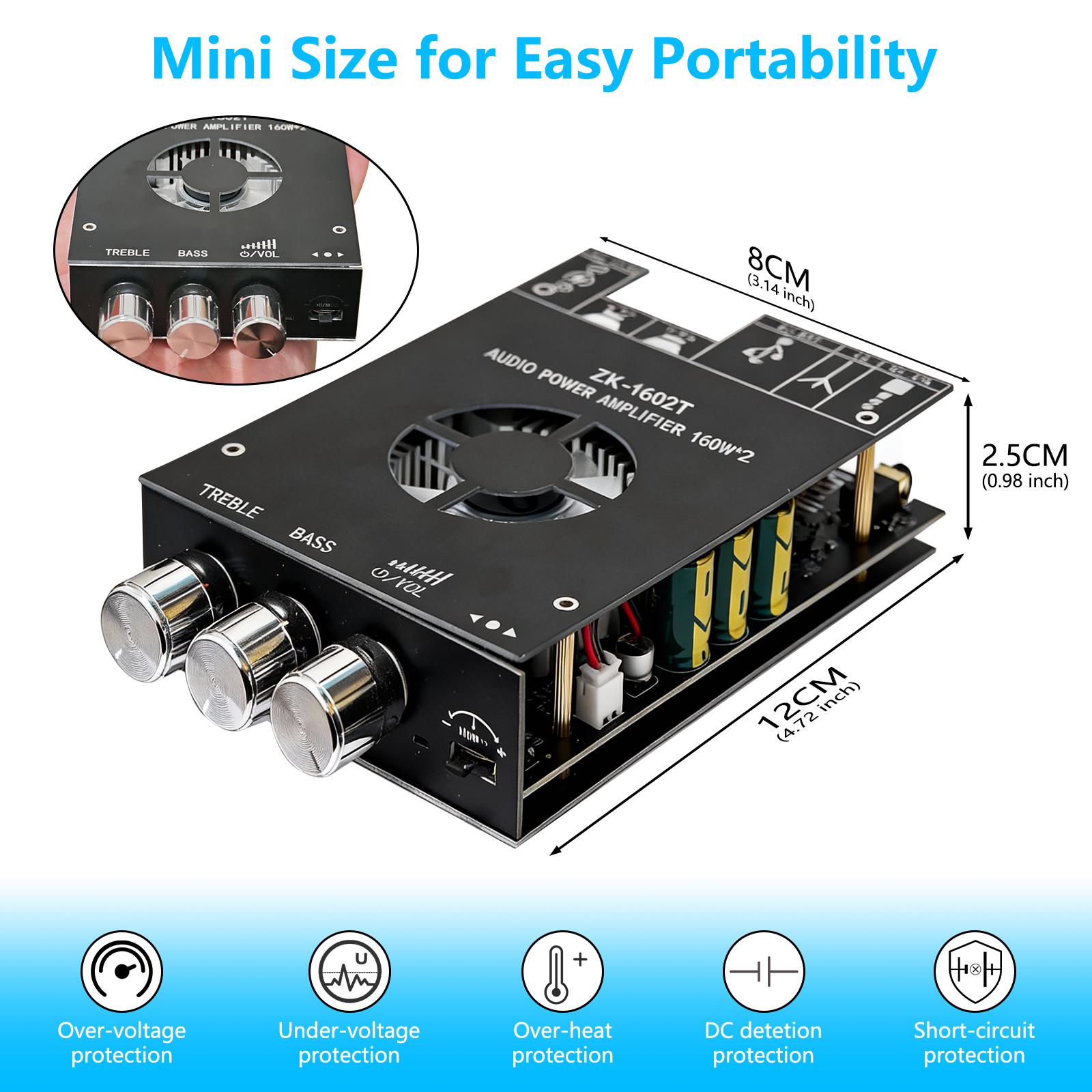 Bluetooth 5.0 Audio Stereo Amplifier Board,160 * 2W HiFi 2.1 Channel Mini Amp Module with Treble & Bass Control with AUX and USB Input,DC 15-36 V for DIY Home Speakers