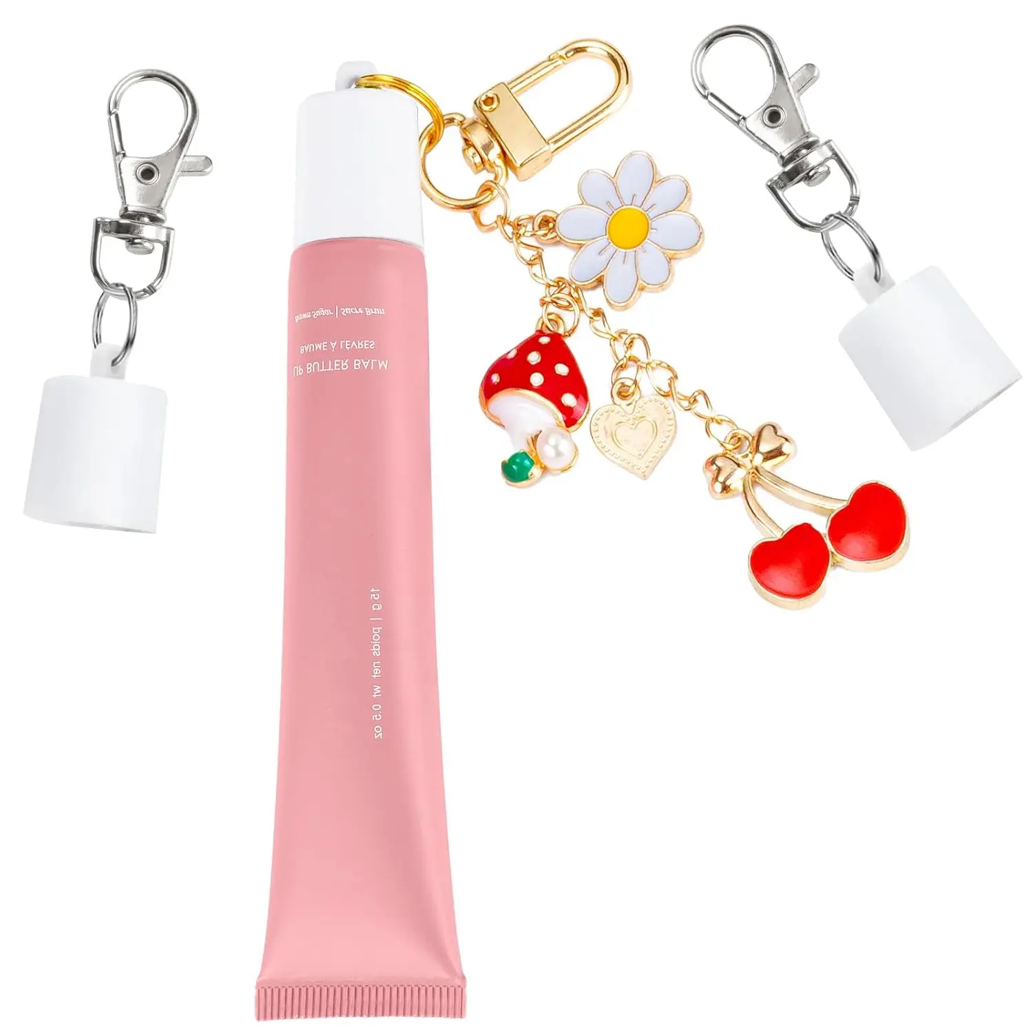 3 Pack Keychain Cap Compatible with Summer Fridays 0.5 Oz Lip Balm, Portable Holder Cherry & Strawberries Charm Keychain Cap for Lip Balm Maoolmht