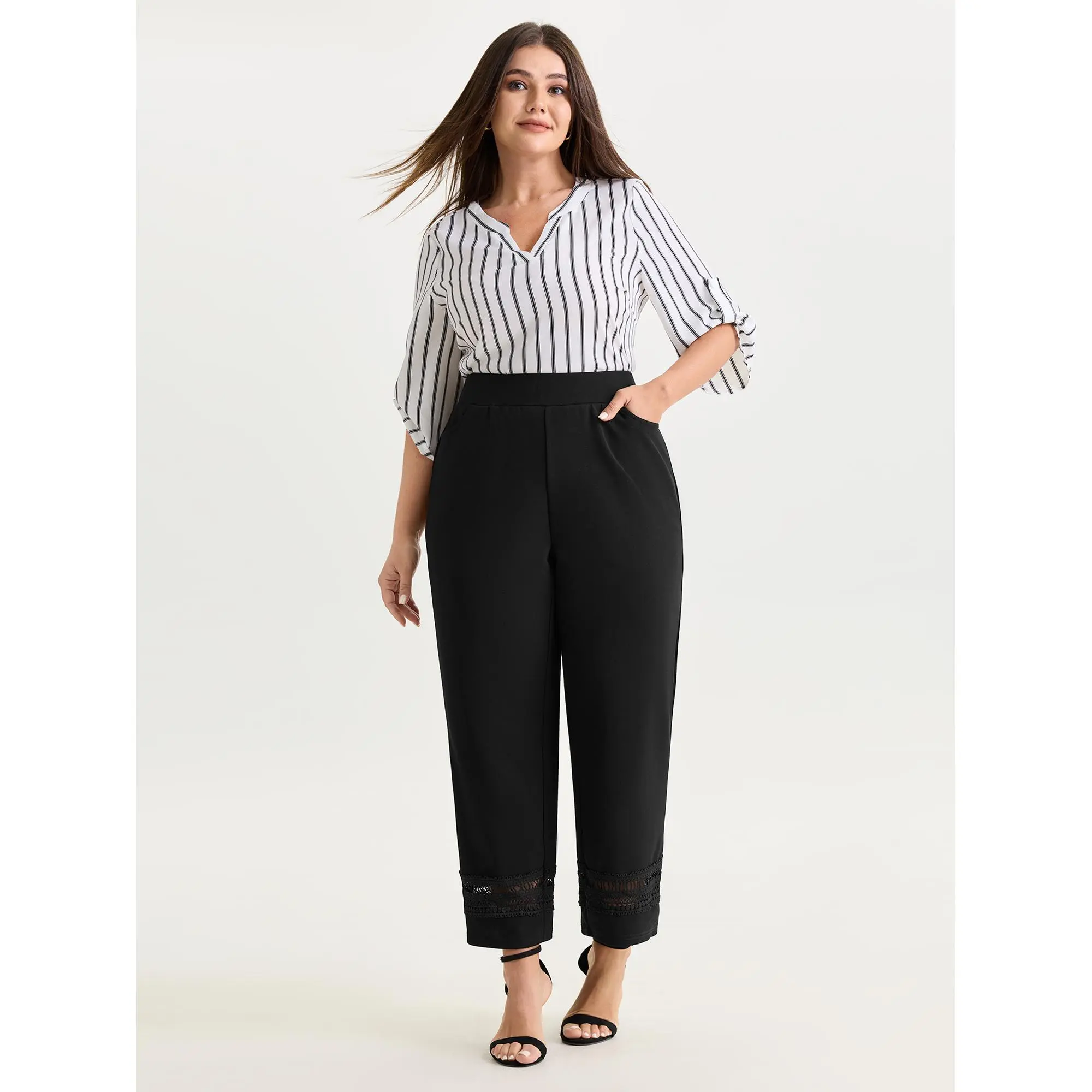 BloomChic Women's Plus Size Office Cropped Pants with Scalloped Hem, Solid Stretch Spandex Fabric Bottom