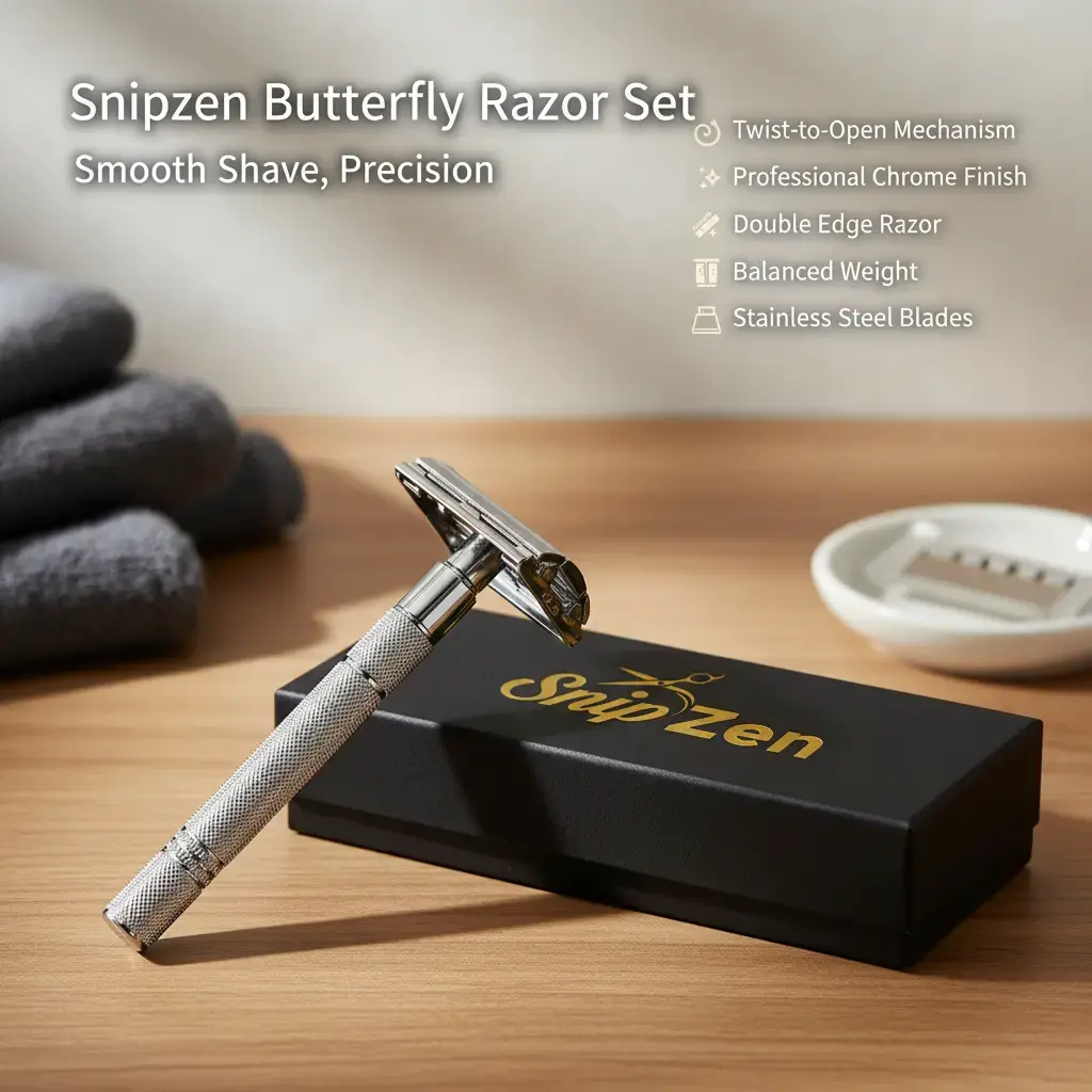 SnipZen Butterfly Men's Double Edge Safety Razor - Twist-to-Open Professional Chrome Finish, Balanced Weight Handle, Smooth Shave Tool for Face/Body/Hair, Adult Use, Camping Essentials with Box, 30-Day Money-Back Guarantee