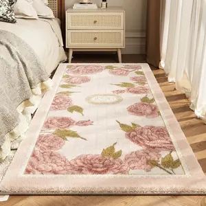 1pc Retro Living Room Sofa Plush Carpet French Bedroom Decoration Bedside Rug Pink Floral Pattern Rug Area Rug Cloakroom Strip Carpet Home Fluffy and Soft Balcony Washable Non-slip Floor Mat