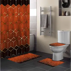 Burnt Orange Geometric Bathroom Set - Includes 66x72 Inches Shower Curtain, Small Bath Mat, Floor Runner Rug and Accessories, Ombre Black Aesthetic Golden Lattice Bathtub Decor Set