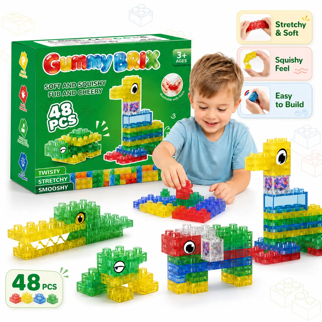 MiniGear Soft Jelly Building Blocks for Kids, Squishy Sensory Stacking Blocks Toy Set, Stretchable & Squeezable blocks, Colorful Translucent STEM Learning Toy, Preschool Building Blocks, Montessori Tactile Play Toy, Travel Bath Toy Ages 3+ Colorful Stacki
