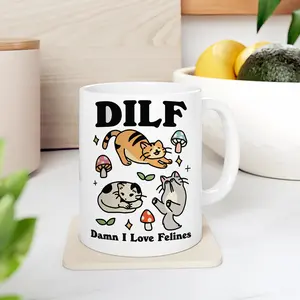 Damn I Love Felines DILF Cat Coffee Mug | Funny Ceramic Cup for Cat Lovers, Boyfriend, Husband, or Dad | Drinkware Tumbler Reusable