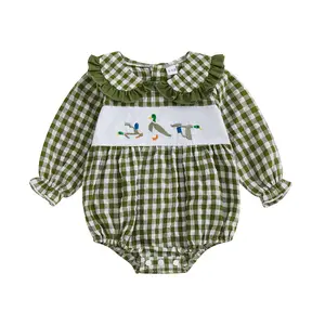 Meihuida Newborn Baby Girl Hunting Clothes Mallard Duck Smocked Bubble Romper Long Sleeve Plaid Bodysuit Infant Fall Outfit
