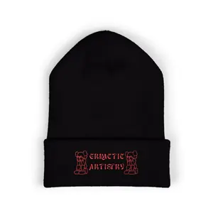 Erractic Artistry Beanie - Black Knit Hat with Red Embroidered Logo for Winter Fashion