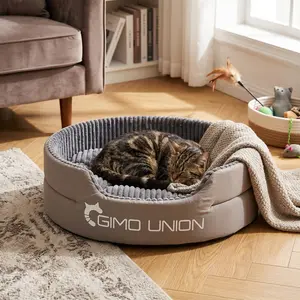 Indoor All-Size Cat Bed Sofa, Gray Polyester Thick Foam, Removable Washable Cover No Assembly Fluffy Round Anti-Slip Pet Natural Wood Retro Tree Tower Luxury Dog Double-Sided sized human