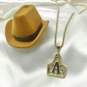 14K Initial A-Z Pendant Necklace for Men Women 24-inch Copper Gold/Silver Plated Square Pearl Chain Customized Letter Necklace in Cowboy Hat Box