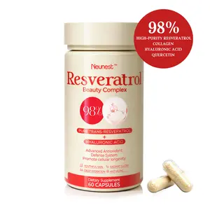 Neunest Anti-Aging Supplement for Women & Men - 98% Pure Resveratrol Complex with Collagen & Hyaluronic Acid - Promotes Skin Health, Radiance, Hydration & Immune Defense - 60 Capsules