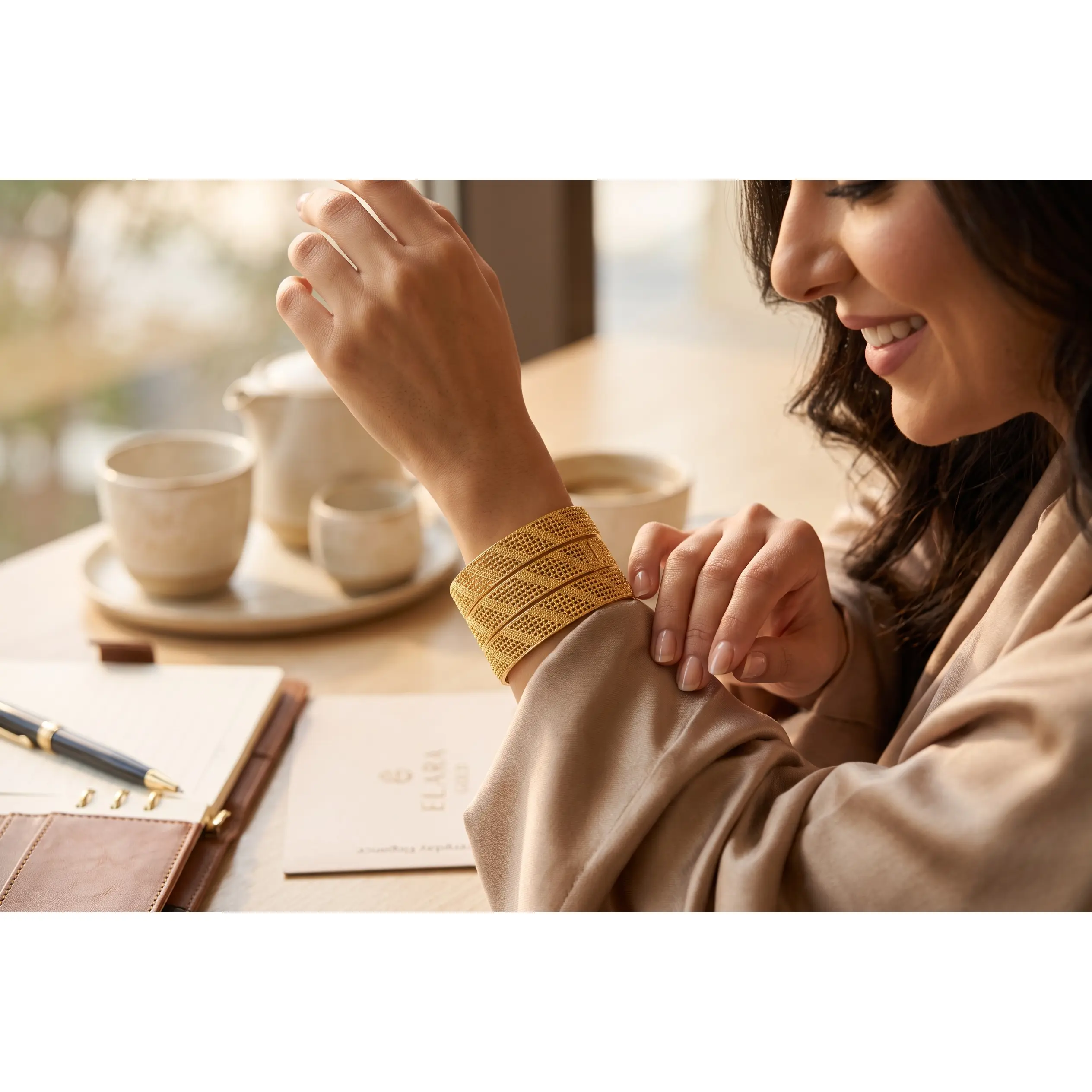 Women’s Wide Gold-Tone Copper Bangle – Dubai-Inspired Textured Openwork Bracelet 034