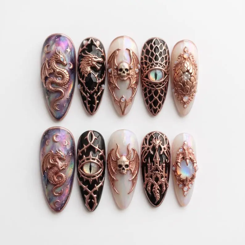 Gothic Dragon Press On Nails, 3D Rose Gold Dragon Skull Mystic Eye Nail Art, Black Iridescent Long Almond Nails, Dark Fantasy Handmade Nail Set