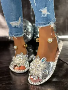 Women's Silver Color Handmade Embroidered Slippers Sandals, Rhinestone Pearl Comfort Indoor Outdoor Shoes, Fashion Trendy Accessories