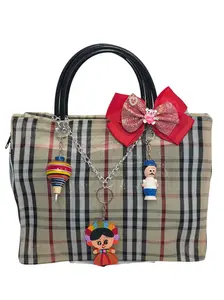 Handcrafted Beige Striped Hand Bag #5 with Red Bow and Cute Key Chains for Everyday Use and Special Occasions
