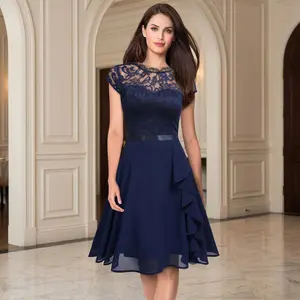 Navy Blue Lace Cocktail Dress, Hepburn Style A-Line Flare Midi Dress, Elegant Lace Bodice with Chiffon Skirt, Formal Party & Wedding Guest Dress for Women