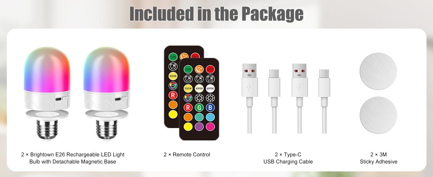 Rechargeable Emergency Light Bulbs with Remote, Magnetic Battery Powered E26 LED Bulb with Timer for Lamps/Sconces/Outdoor Camping, 3 Color Temperatures & 12 RGB Colors, Non-Hardwired