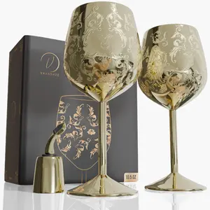 17oz Stainless Steel Wine Glasses [Set of 2] – Gold Royal Goblets with Baroque Engravings, Unbreakable Wine Cups with Bottle Stopper – Ideal for Mother's Day Gift Ancient Classic