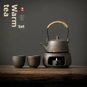 teapot  set Coarse Pottery Gilded Handle Teapot Household Candle Heating Insulation Stove Chinese Retro Tea Brewing Set with Warm Set pot