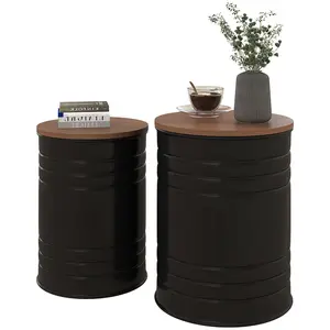 2-Piece Round Nesting Storage Ottoman Set with Wooden Lid, Metal Frame, Hidden Storage - Indoor End Table, Living Room/Bedroom Furniture