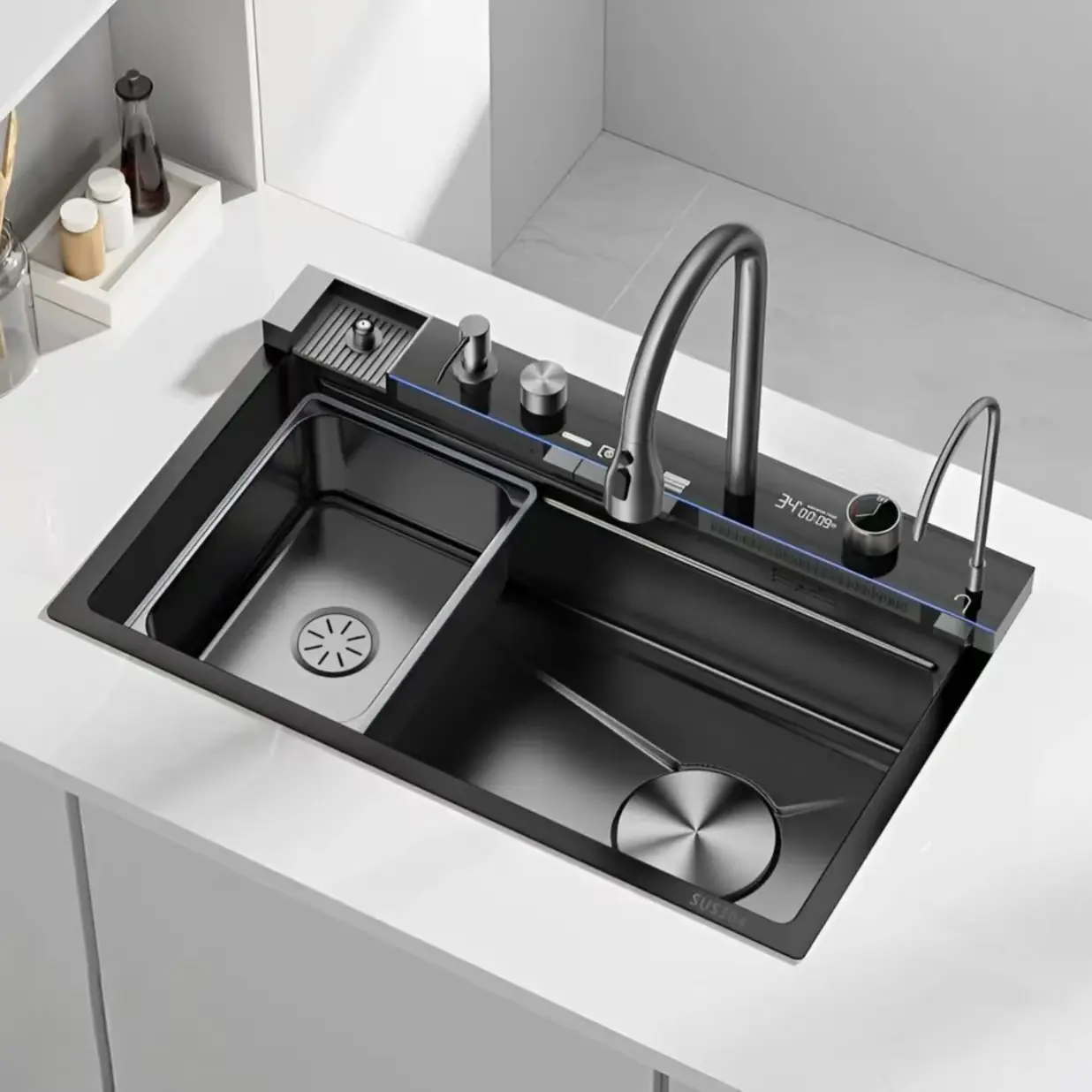 Modern Waterfall Kitchen Sink with Drain & Wash Accessories - Cutting Board, Drain Basket, Integrated Drainboard, Durable Complete Drainage Kit for Commercial Spaces