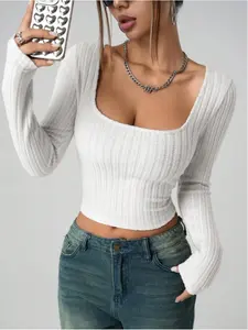 Chic Women's Basic Solid Color Square Neck Long Sleeve Crop Top, Slim Fit Design, Versatile & Stylish Ribbed Blouse for Casual Daily Wear, Womenswear, Shirts