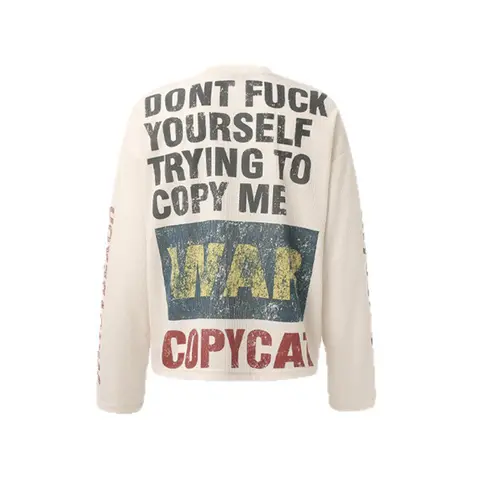 Inflation Men's Waffle Knit Oversized Thermal Long-Sleeve Top - Vintage Distressed, Slogan Graphic Print, Stylish Streetwear Clothing, Casual Fall 2026 Statement Knitwear