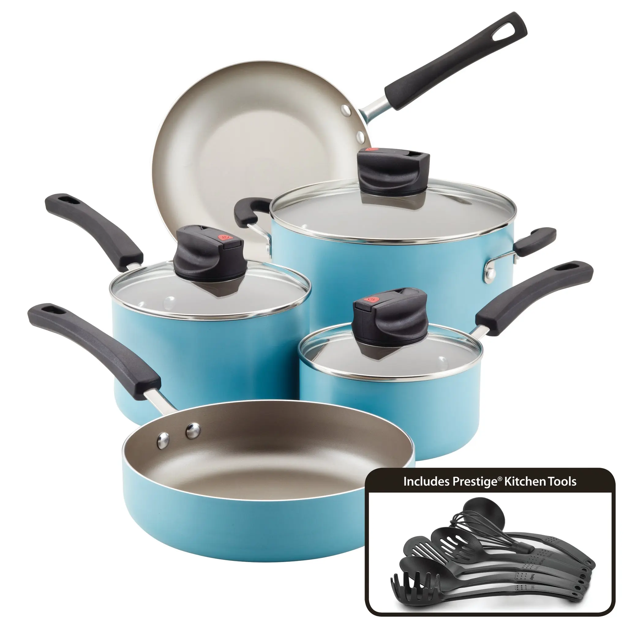 Farberware 14-Piece Nonstick Aluminum Cookware Set with Glass Lids, Prestige Kitchen Tools, DiamondMax Technology, Heat-Resistant Handles for Even Heating