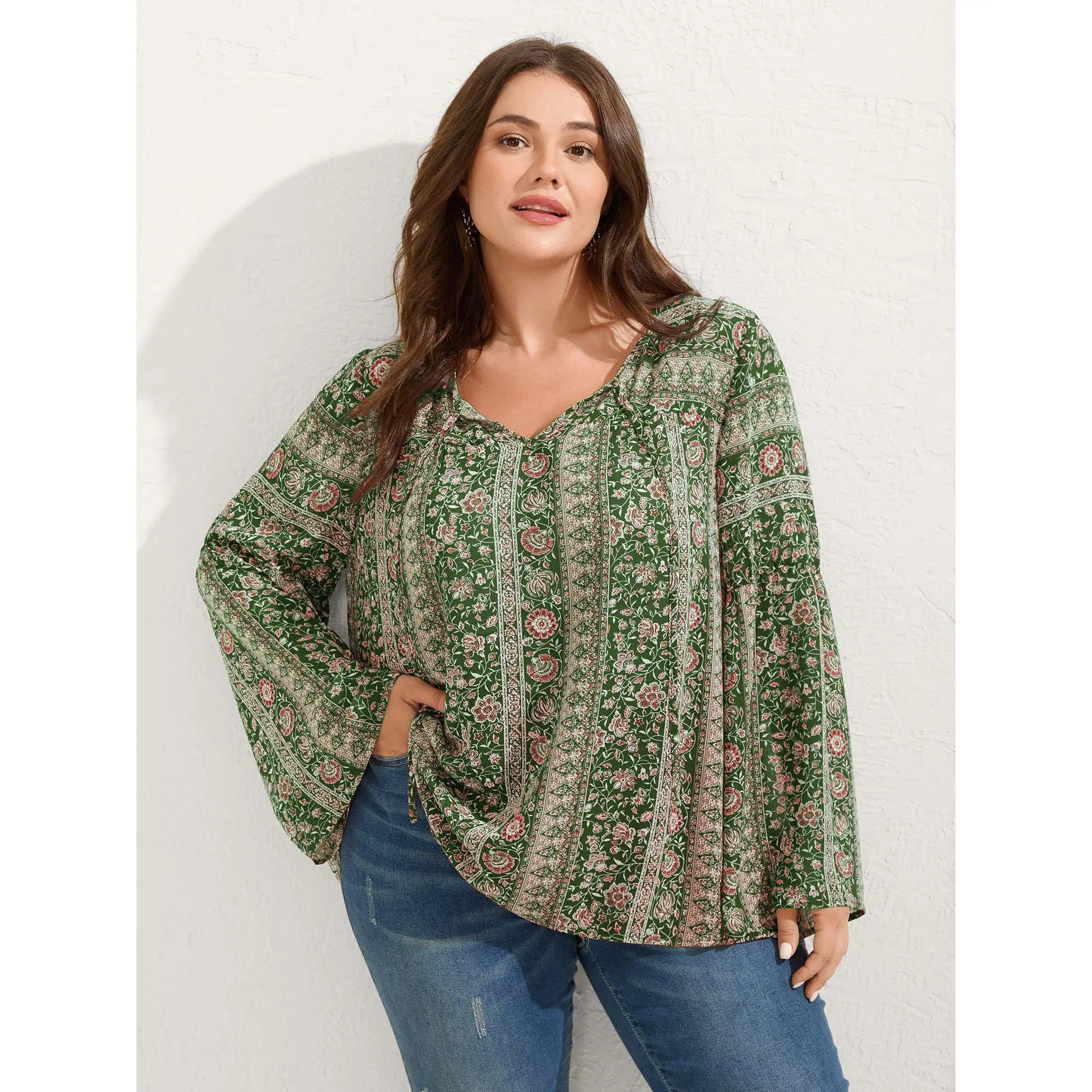 BloomChic Women's Plus Size Simple Boho Blouse, Breathable Ethnic Print Chiffon Shirts with Long Sleeves and Tie-Neck for Everyday Wear, Dressy Casual Tops, Comfy Casual, Lace Up, Floral Motif, Tie-Neck Blouse, Regular Length, Plus Size Tops, Dress Casual