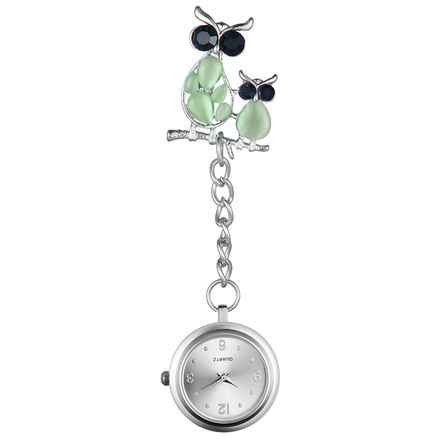OIDEA Women's Rhinestone Cat's Eye Owl Brooch Nurse Watch - Silver Tone, Green Accent, 3 Variants, 1ATM, Rhinestone Crystal & Animal Motif & Jewel-Encrusted Pocket Fob Watches, Rhinestone Crystal Pocket & Fob Watches