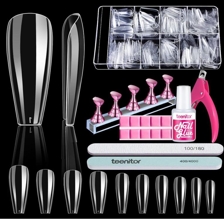 600 Pcs Clear Coffin Nail Tips, Acrylic Nail Kit, Clear Press On Nails, Long Fake Nails Coffin Nail Tips Full Cover, Acrylic Nail Clipper Nail Stand for Nail Extensions