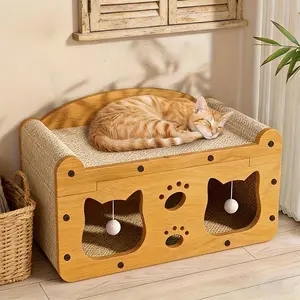 2-in-1 Cat House & Scratching Pad. A wooden double-decker cat bed with a built-in scratching board. Durable   for spacious indoor areas. Roomy, comfortable, and stylish. Cool cat supplies, scratching board, indoor cat toys & accessories. outdoor