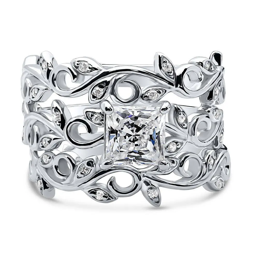 BERRICLE Sterling Silver Solitaire Leaf Filigree Engagement Rings Statement Stackable Band for Women, 1.2 Carat Princess Cut Cubic Zirconia CZ Ring Set