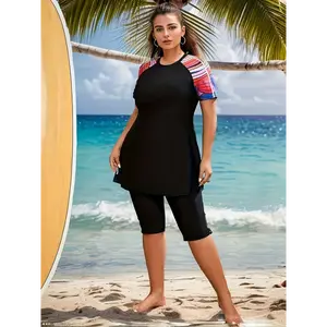 Women's Plus Size Tankini with Mid-Long Sleeve Print Surfing Swimsuit