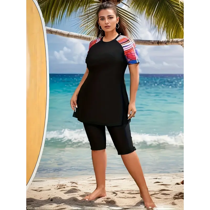 Women's Plus Size Tankini Swimsuits - Mid-Long Sleeve Printed Surfing Swimwear, Large Size & Extra-Large Women's Tankinis Set, Tankini Swimsuits Women