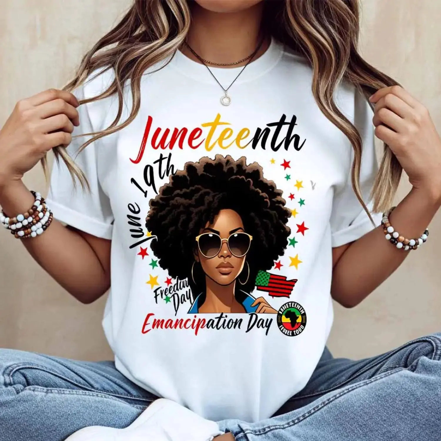 June Nineteenth Emancipation Celebration Afro Woman With Flag And Stars Print T Shirt Casual Loose Fit For Daily Wear And Outdoor Events