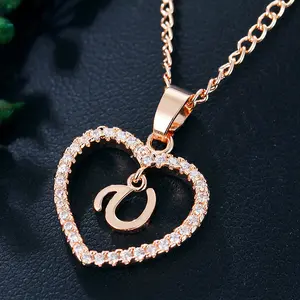LUX-JEWEL - 26 Letters Heart Pendant Necklace Glitter Zircon Initials A-z Neck Chain For Women Fashion Jewelry Accessories Couple Gifts