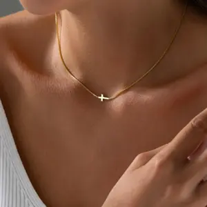 Gold Cross Necklace for Women Trendy 14K Gold Plated Charm Box Chain Choker Dainty Christian Religious Faith Small Cross Pendant Necklace Non Tarnish