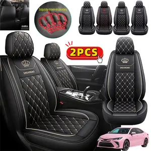 Front Seat Full Coverage 2PCS Car Seat Cover - Waterproof & Stain-Resistant PU Leather - Durable Long-Lasting - Crown Embroidery - Full Wrap-Around Protection Kit