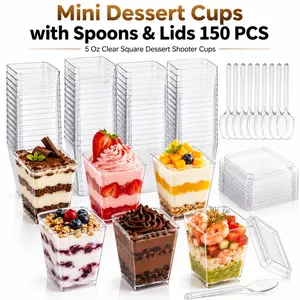 Mini Dessert Cups Spoons & Lids 150 PCS – 5 Oz Clear Square Dessert Shooter Cups for Pudding, Mousse, Yogurt, Fruit, Snacks & Party Appetizers