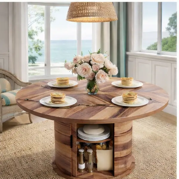 GIZOON Vintage Round Pedestal Dining Table - 47 in Compact Farmhouse Dining Tables with Metal Frame, 2 Shelves, Anti-Slip Pads, Space-Saving Brown Design for Kitchen, Easy Assembly Required, Farmhouse Look
