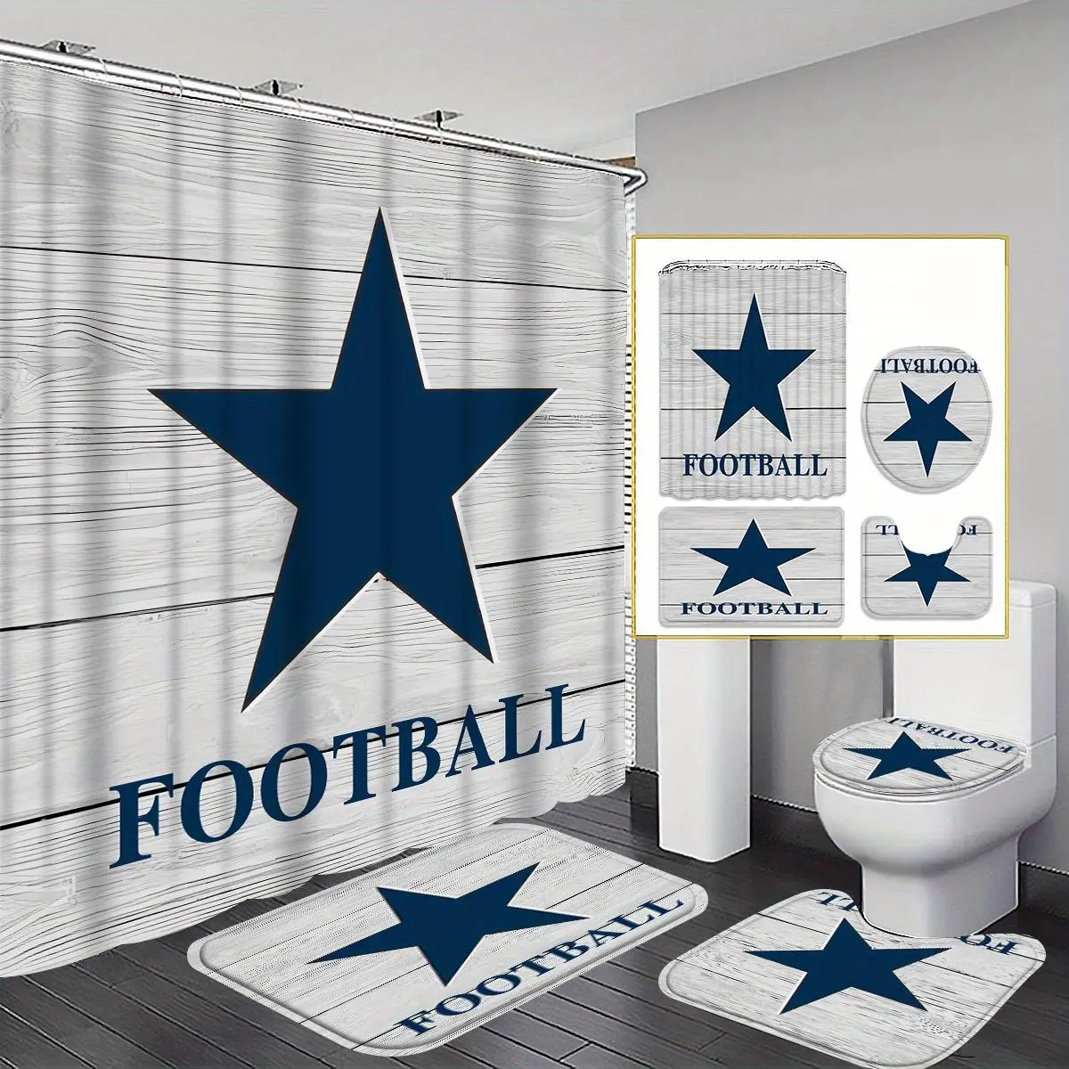 Star Pattern Bathroom Accessories, 4 Counts/set Including Waterproof Shower Curtain & Toilet U-shape Mat & Toilet Lid Cover & Rectangular Mat, Bathroom Decor Supplies, bathroom decoration accessories, Shower Curtain Sets