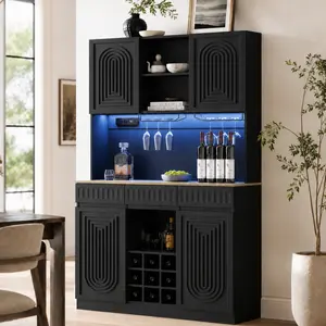 Loomie 71" Tall Wine Bar Cabinet with LED Lights and Charging Station, Modern Fluted Coffee Bar Cabinet with 3 Drawers, 4 Doors and 9-Cube Wine Glass Rack, Kitchen Hutch for Dining Room, Black
