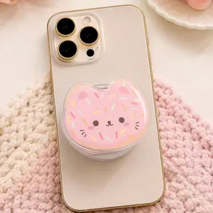 Kawaii Pink Donut Cat MagSafe Phone Grip: Cute Kitty Coquette Dessert Aesthetic Magnetic Phone Holder, Pastel Cat Lovers Gift, Kindle Holder